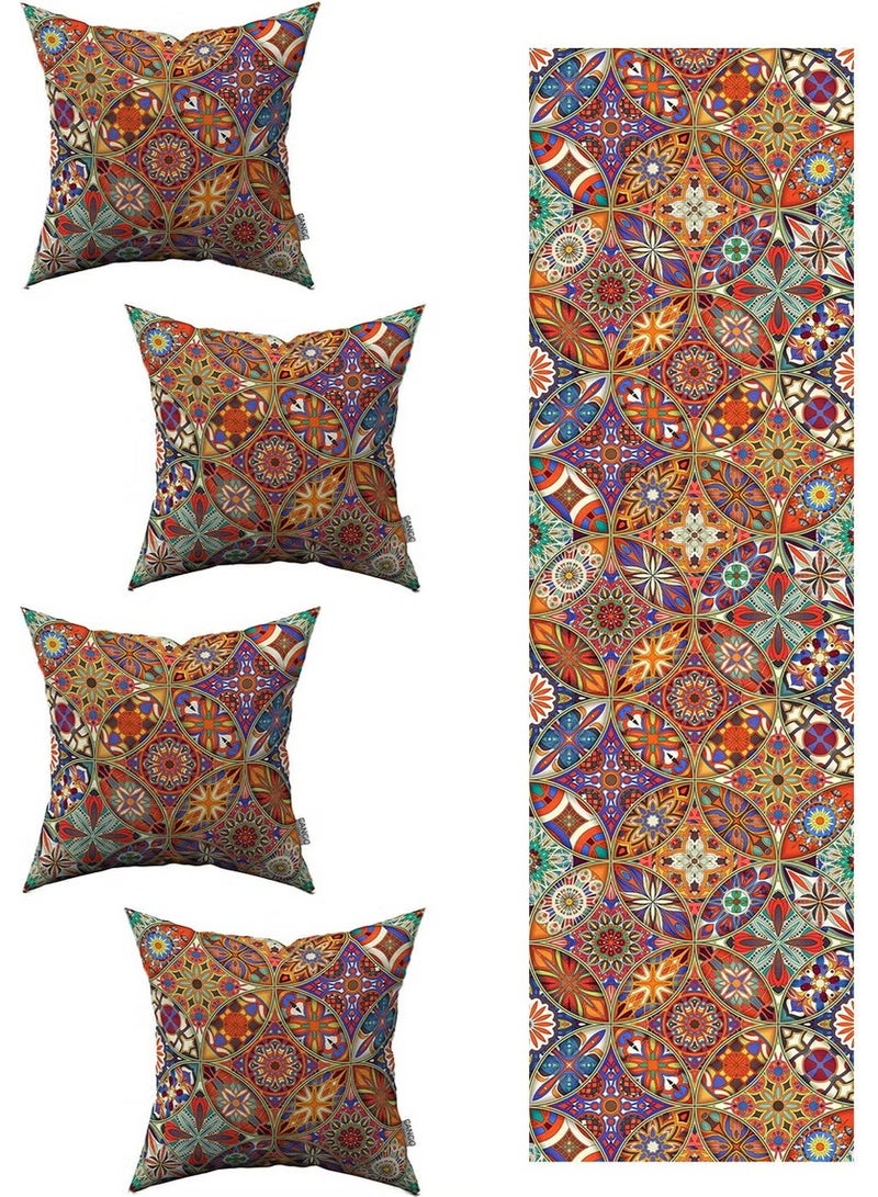 Orange Retro Vintage Patterned 4-Piece Throw Pillow Case 1 Runner Set 4KMBS224-RS